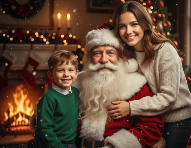 Uśmiechnięta rodzina pozuje ze Świętym Mikołajem przy kominku i choince w świątecznej atmosferze
