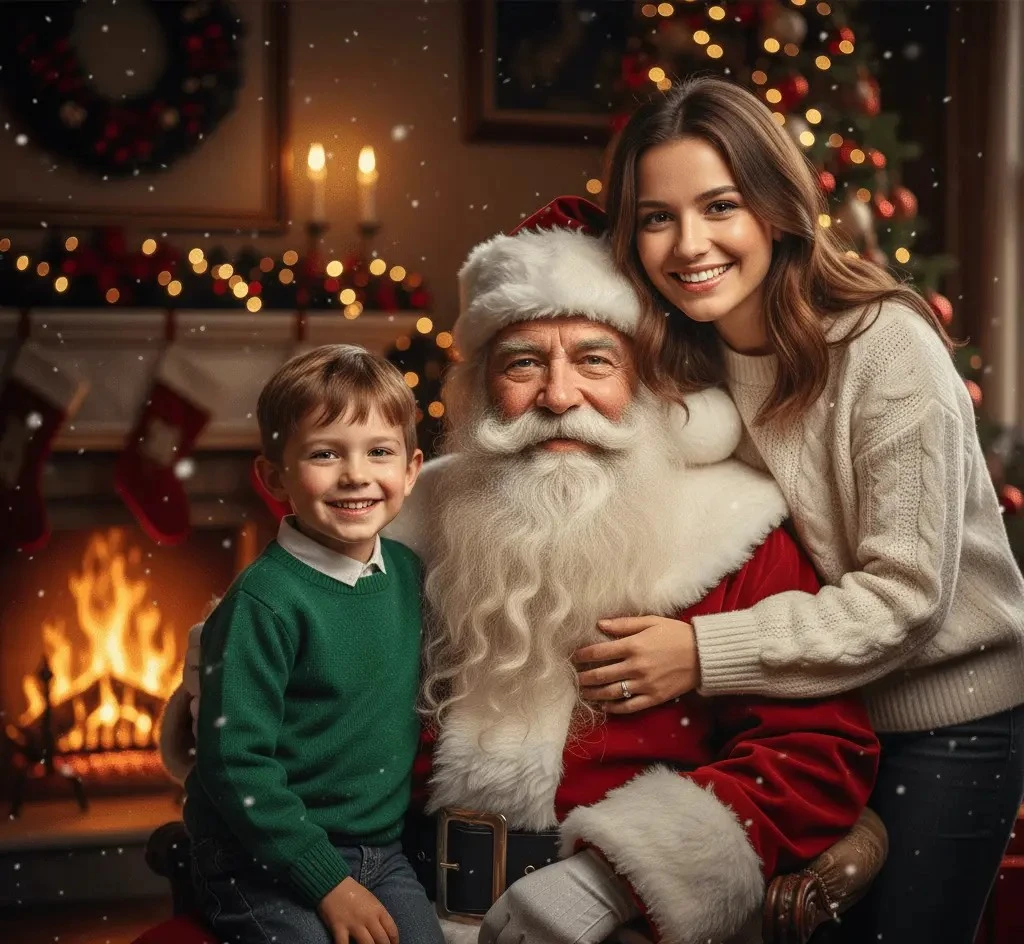 Uśmiechnięta rodzina pozuje ze Świętym Mikołajem przy kominku i choince w świątecznej atmosferze