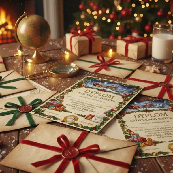 Listy i dyplomy od Świętego Mikołaja ozdobione wstążkami i pieczęcią Cudogram na świątecznym stole