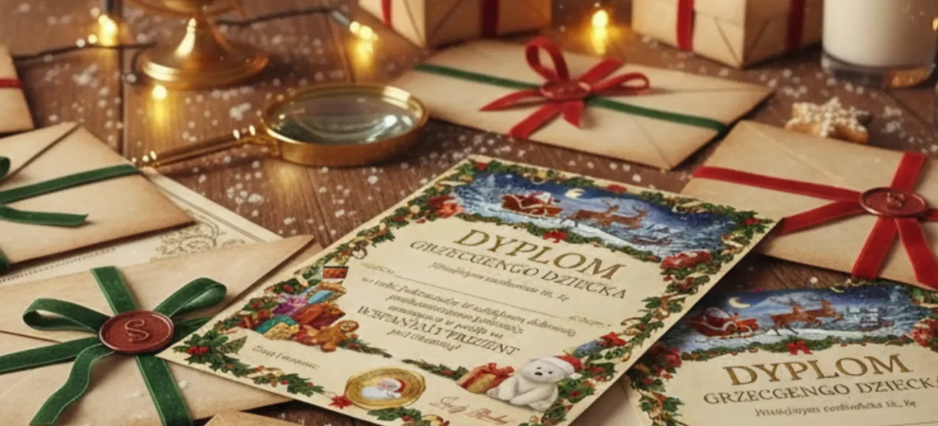 Listy i dyplomy od Świętego Mikołaja ozdobione wstążkami i pieczęcią Cudogram na świątecznym stole