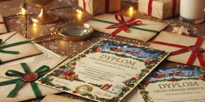 Listy i dyplomy od Świętego Mikołaja ozdobione wstążkami i pieczęcią Cudogram na świątecznym stole
