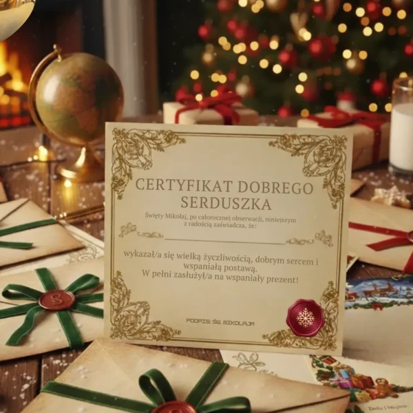 Certyfikat Dobrego Serduszka od Świętego Mikołaja na świątecznym stole z listami i prezentami