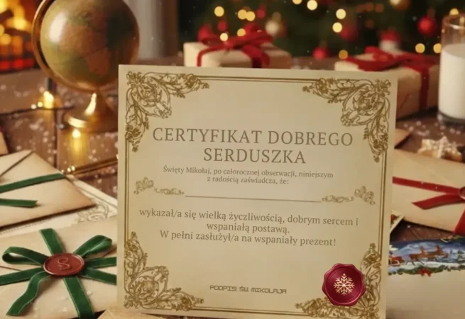 Certyfikat Dobrego Serduszka od Świętego Mikołaja na świątecznym stole z listami i prezentami