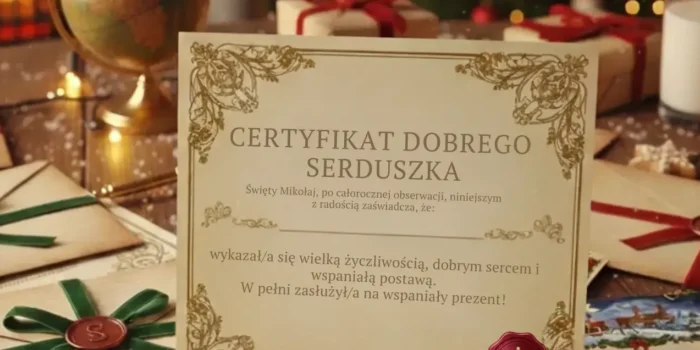 Certyfikat Dobrego Serduszka od Świętego Mikołaja na świątecznym stole z listami i prezentami