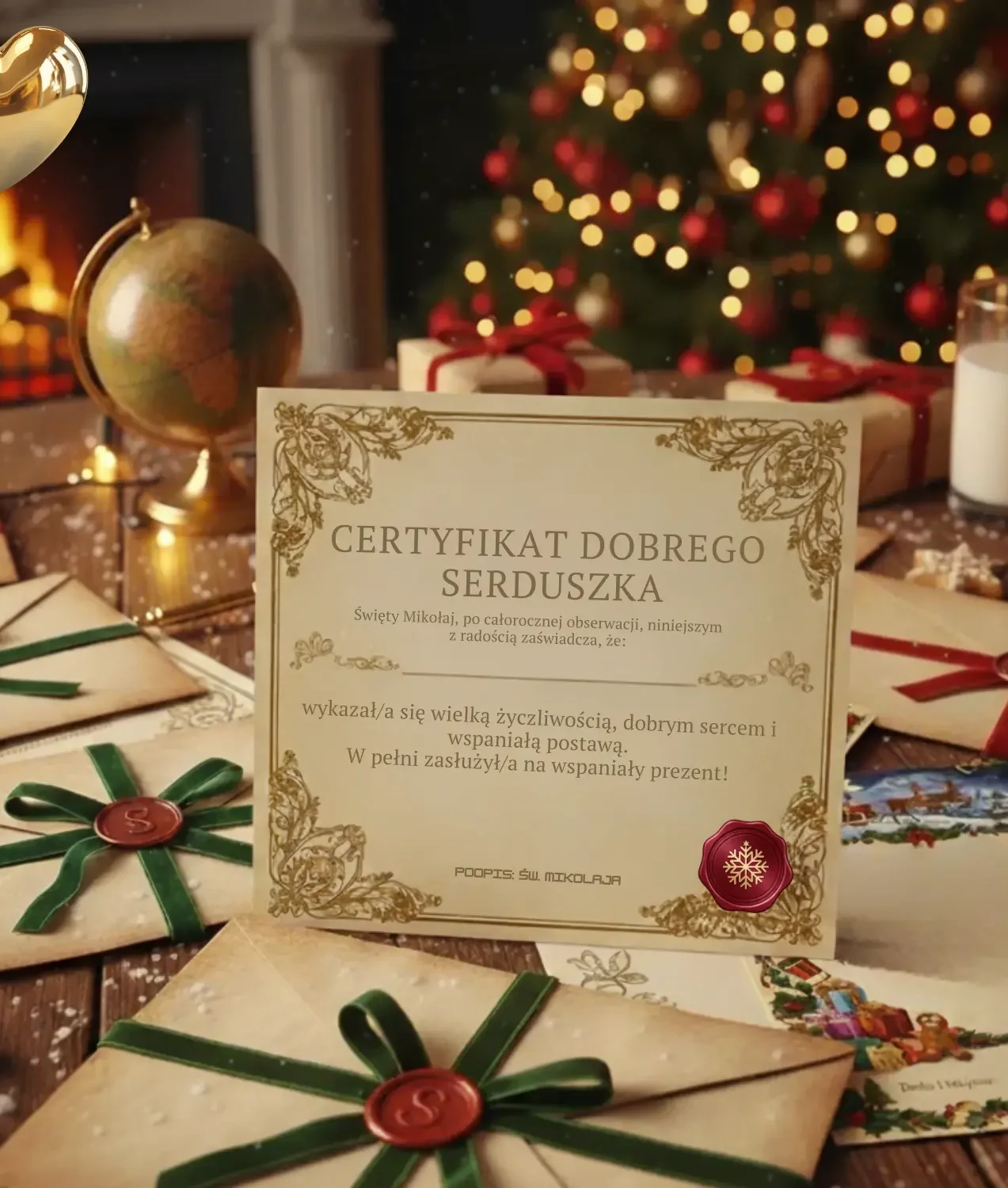 Certyfikat Dobrego Serduszka od Świętego Mikołaja na świątecznym stole z listami i prezentami