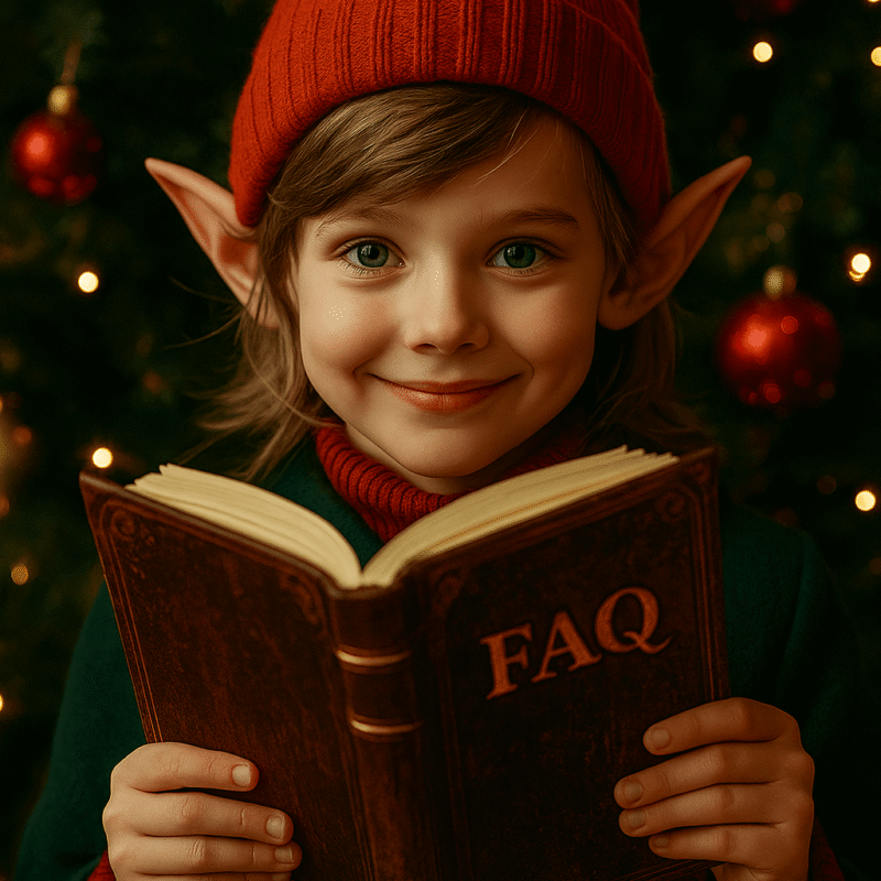 Uśmiechnięty elf trzymający księgę FAQ przed choinką w świątecznym nastroju