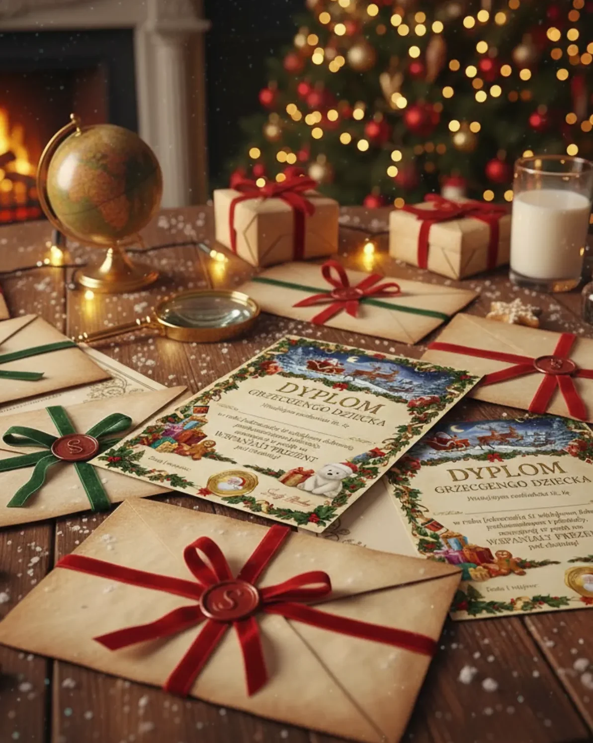 Listy od Świętego Mikołaja z pieczęcią i wstążkami leżące na świątecznym stole przy kominku i choince