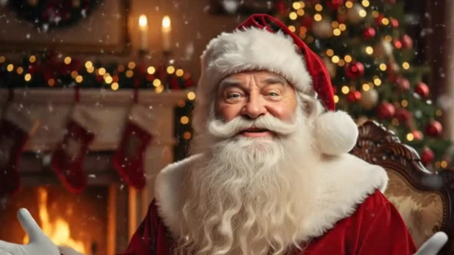 Uśmiechnięty Święty Mikołaj siedzący przy kominku z choinką w tle