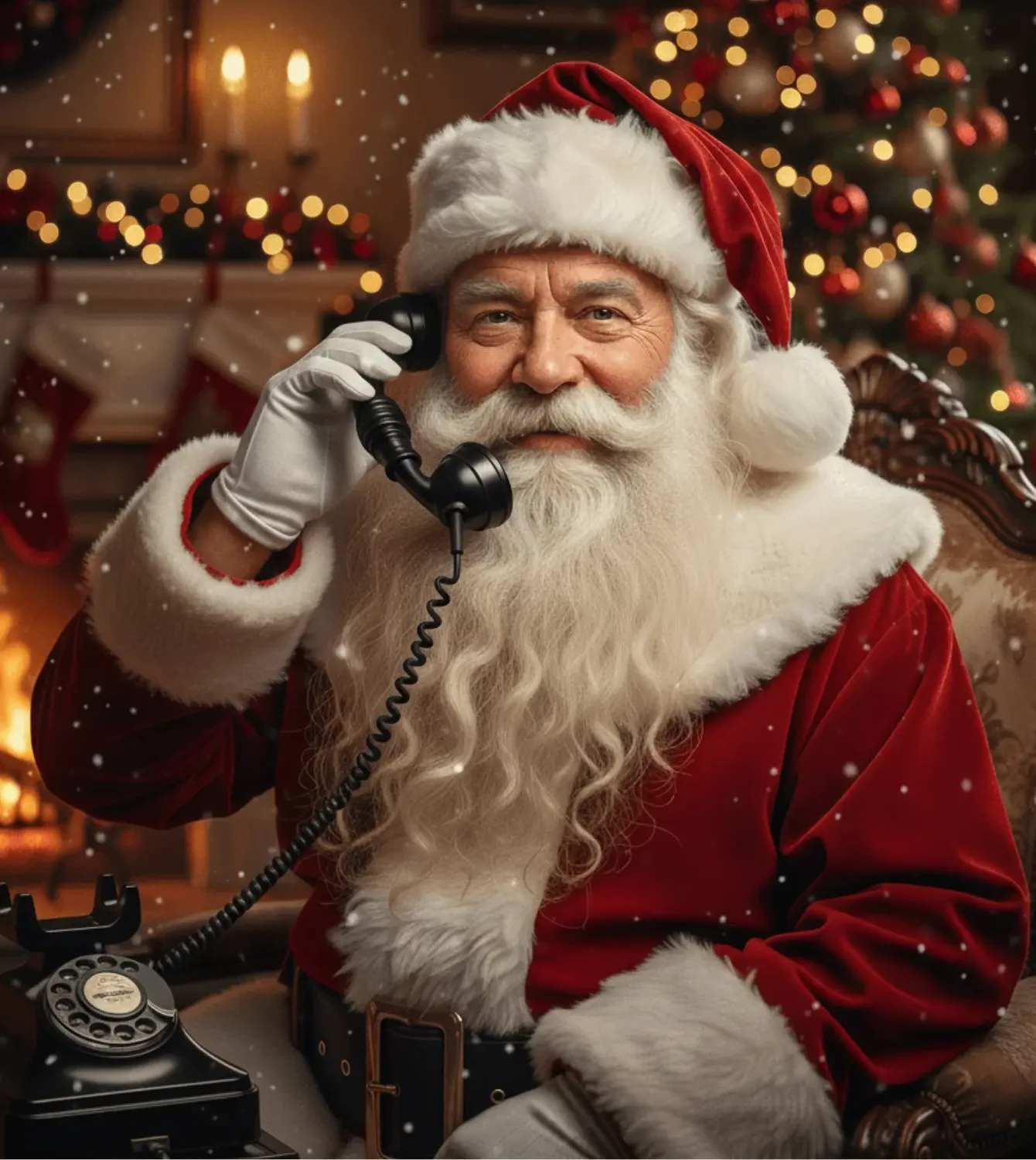 Święty Mikołaj rozmawia przez telefon przy kominku i choince w świątecznej atmosferze