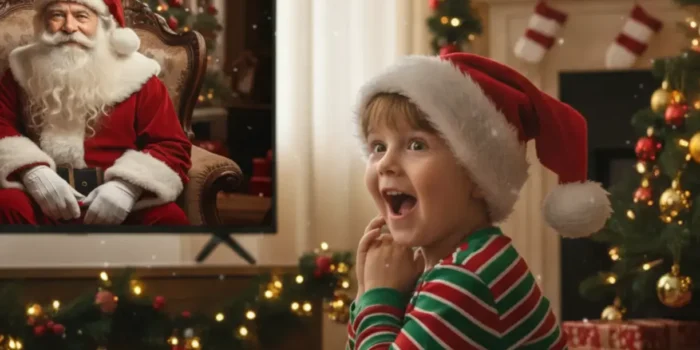 Dziecko w czapce świątecznej z zachwytem ogląda wiadomość wideo od Świętego Mikołaja na ekranie telewizora