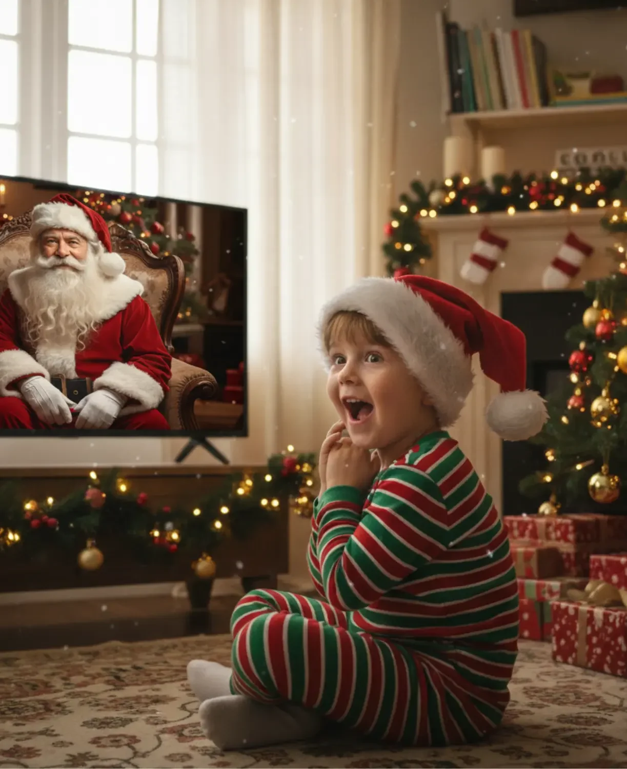 Dziecko w czapce świątecznej z zachwytem ogląda wiadomość wideo od Świętego Mikołaja na ekranie telewizora