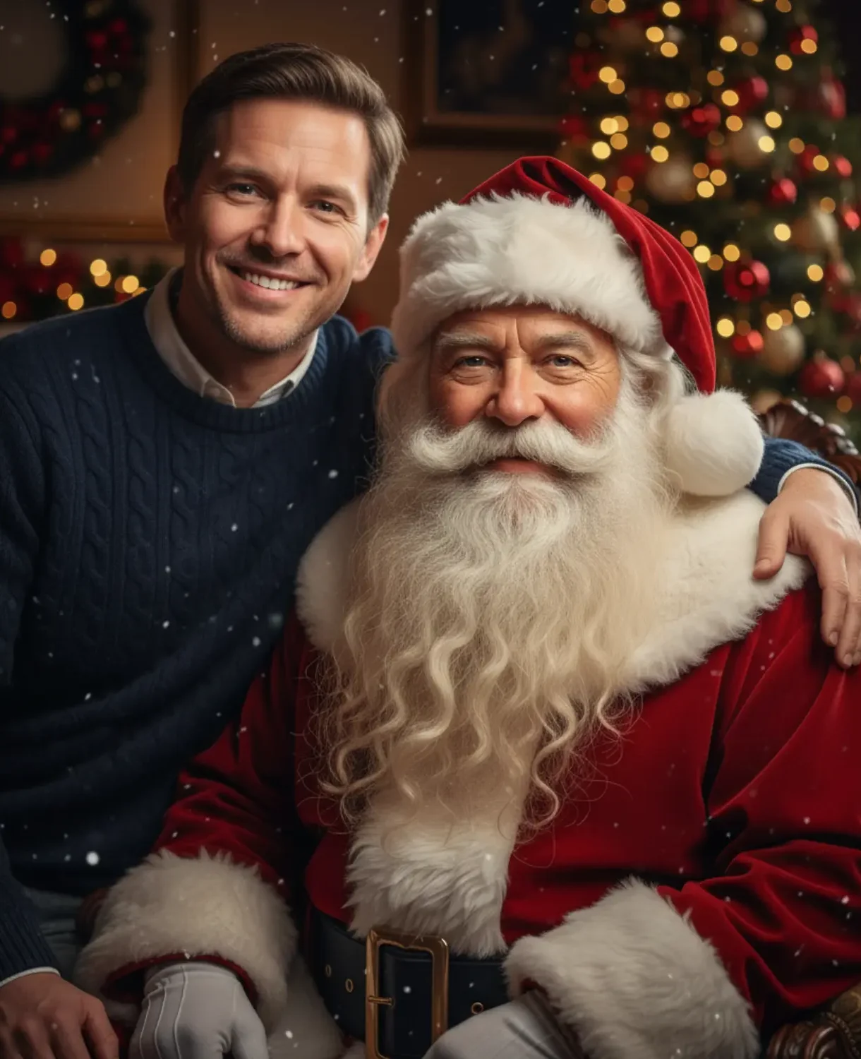 Święty Mikołaj pozuje do zdjęcia z dorosłym mężczyzną na tle choinki i kominka